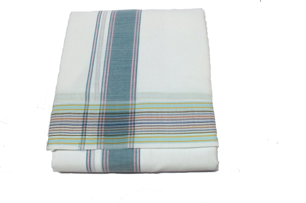 White Dhoti With Shawl In Pure Cotton Blue Border