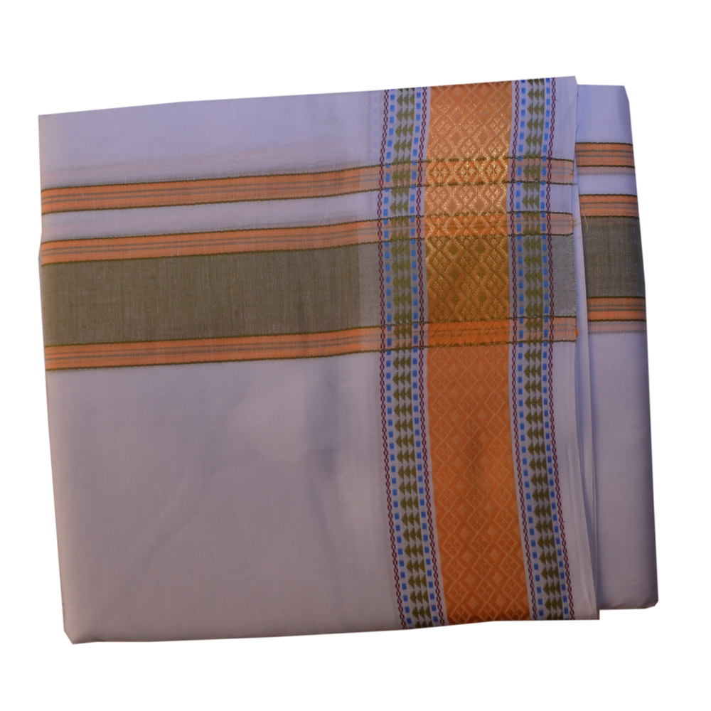 White Dhoti With Shawl In Pure Cotton